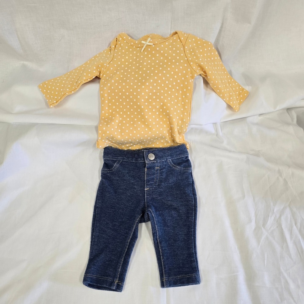 Hudson Baby Girls 2pc Set Yellow Polka Dot‎ Bodysuit Blue Denim Pants 0-3M